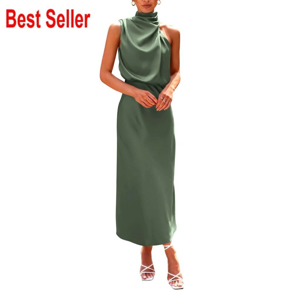 Satin Maxi Dress Sleeveless Mock Neck Cocktail Party Elegant